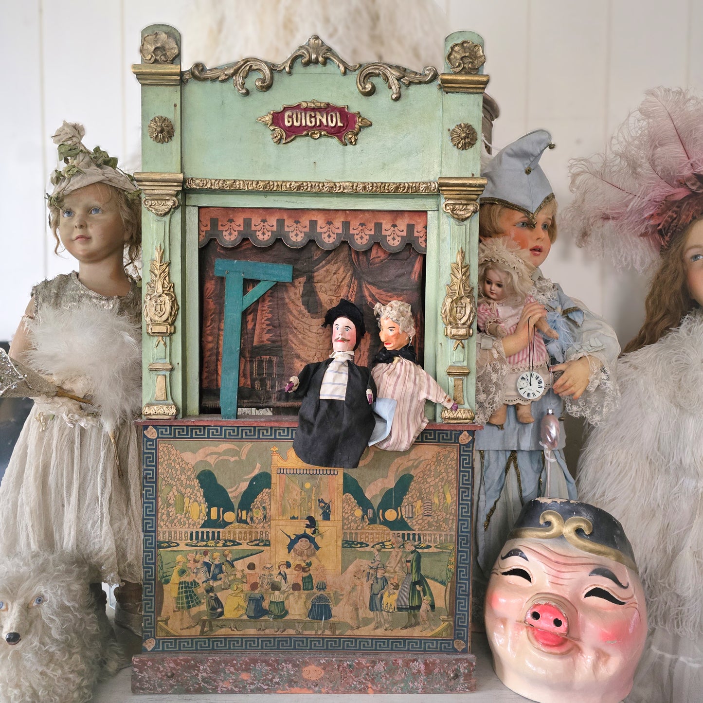 19th C. Guignol Theater with 2 Puppets Large