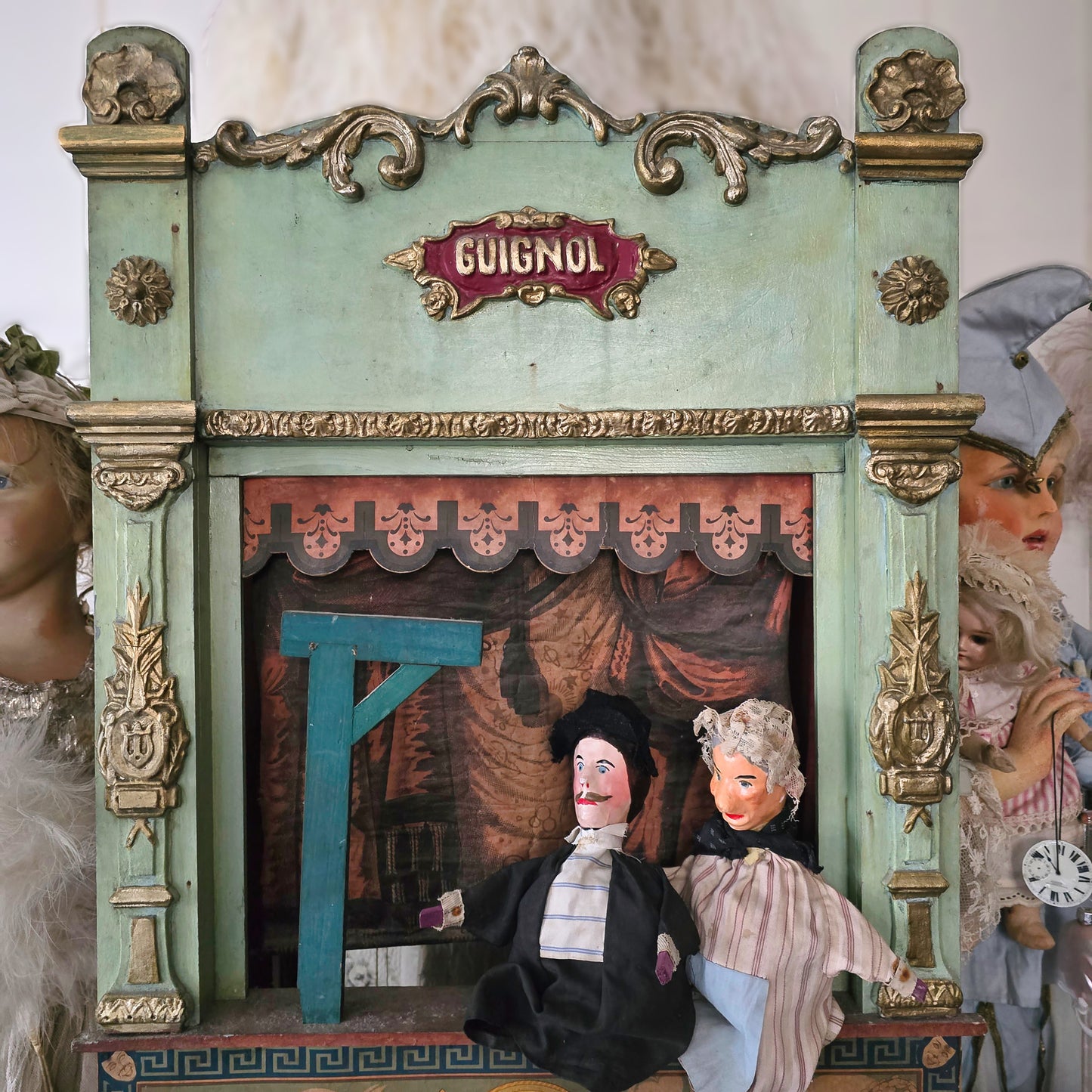 19th C. Guignol Theater with 2 Puppets Large