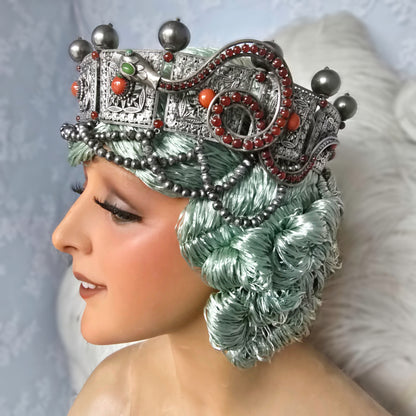 Antique Silver-Plated Headdress – Late 1800s, Ornate Snake & Pearl Design