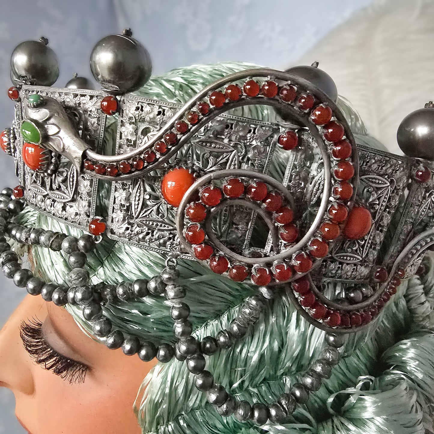 Antique Silver-Plated Headdress – Late 1800s, Ornate Snake & Pearl Design