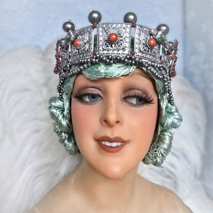 Antique Silver-Plated Headdress – Late 1800s, Ornate Snake & Pearl Design