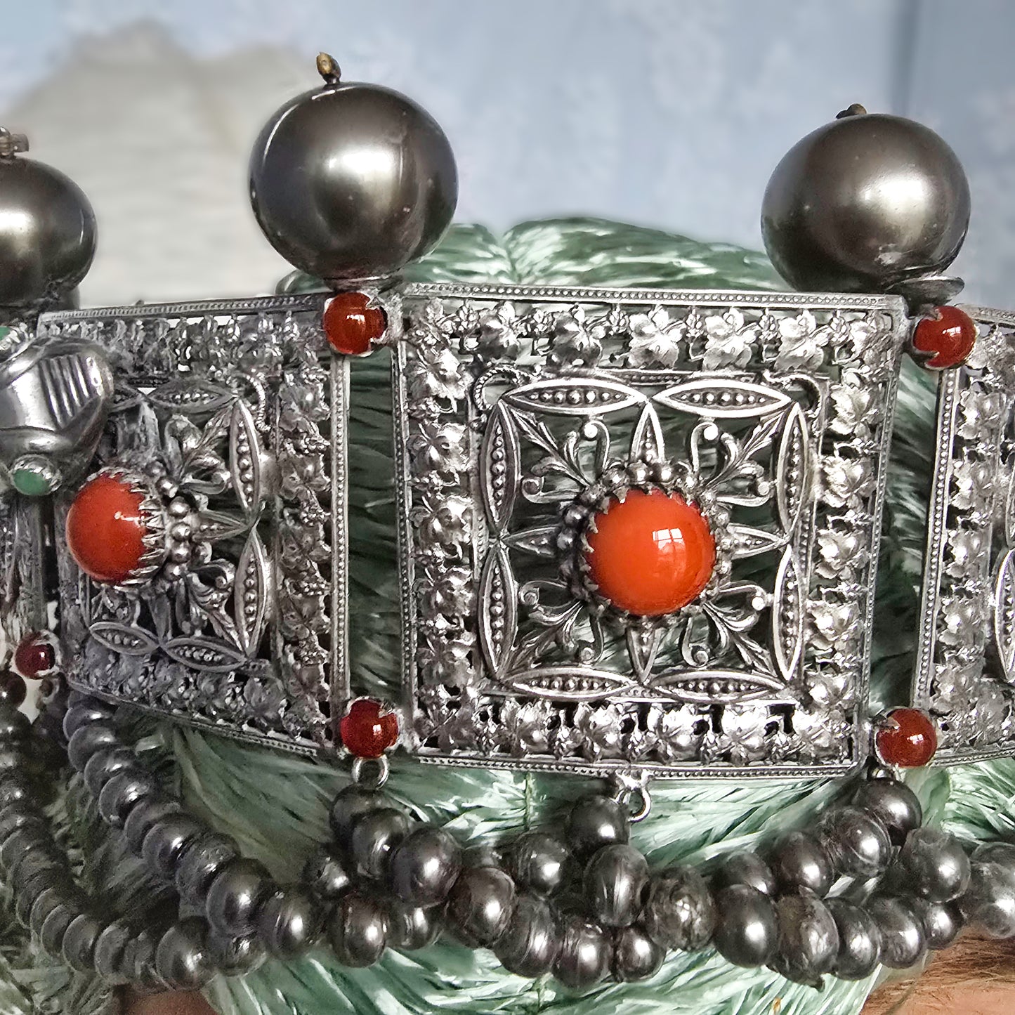 Antique Silver-Plated Headdress – Late 1800s, Ornate Snake & Pearl Design