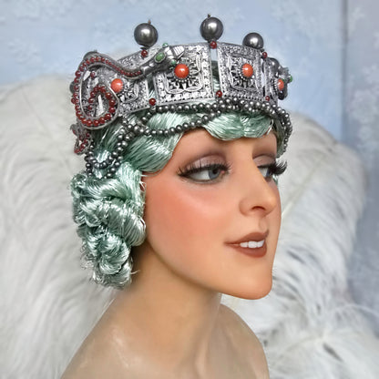 Antique Silver-Plated Headdress – Late 1800s, Ornate Snake & Pearl Design