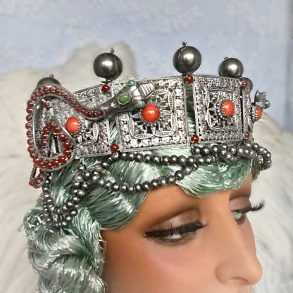 Antique Silver-Plated Headdress – Late 1800s, Ornate Snake & Pearl Design
