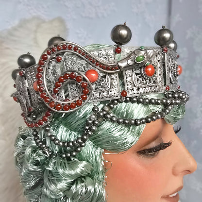 Antique Silver-Plated Headdress – Late 1800s, Ornate Snake & Pearl Design