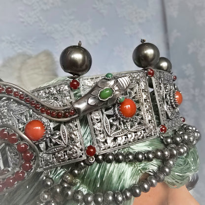 Antique Silver-Plated Headdress – Late 1800s, Ornate Snake & Pearl Design