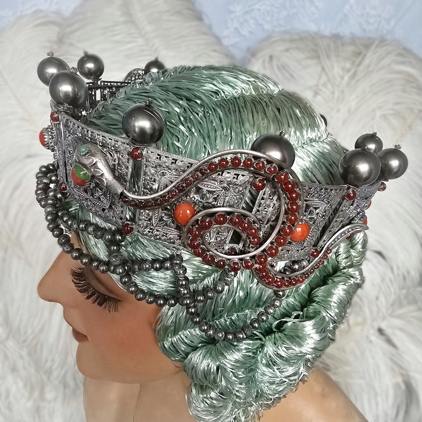 Antique Silver-Plated Headdress – Late 1800s, Ornate Snake & Pearl Design