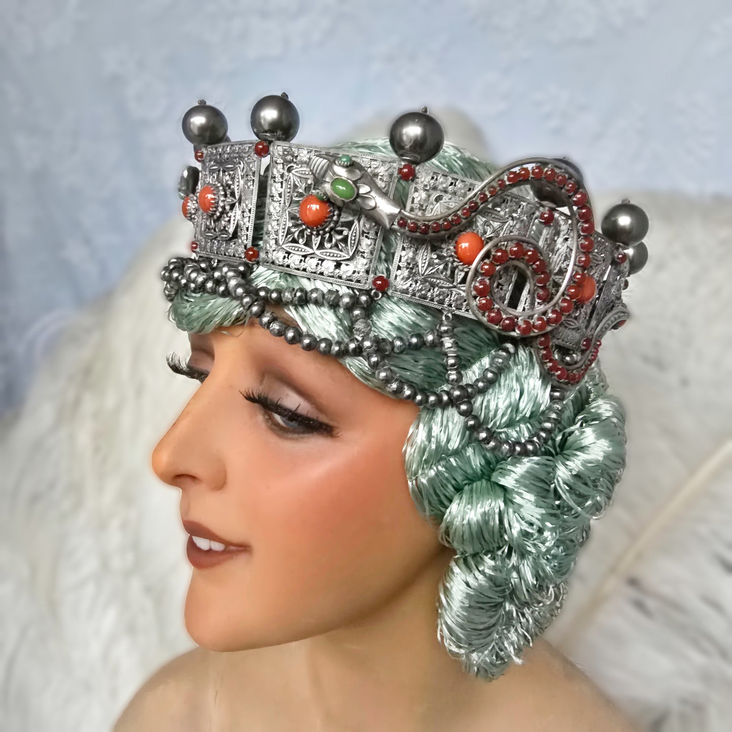 Antique Silver-Plated Headdress – Late 1800s, Ornate Snake & Pearl Design