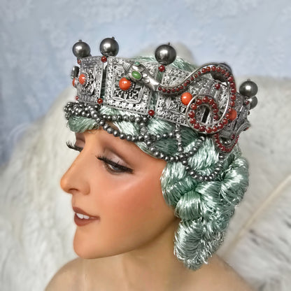 Antique Silver-Plated Headdress – Late 1800s, Ornate Snake & Pearl Design