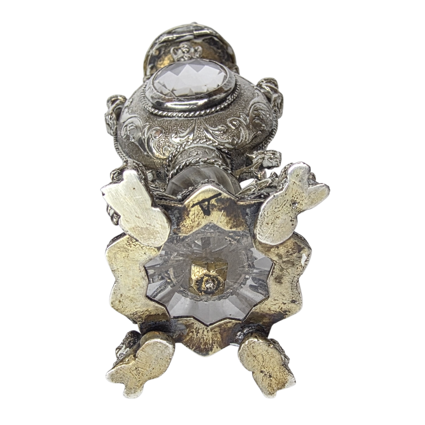 Rare Antique European Silver Perfume / Vinaigrette Bottle with Rock Crystal Windows