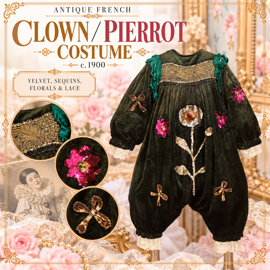 Antique French Clown/Pierrot Costume, c. 1900 • Velvet, Sequins, Florals & Lace