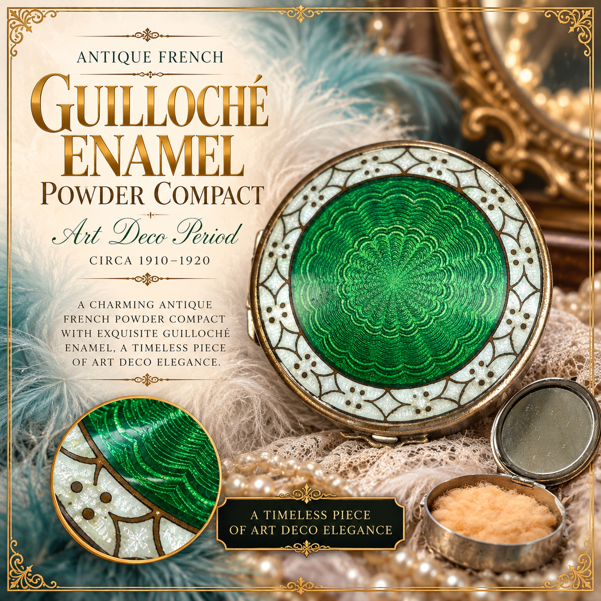Antique French Guilloché Enamel Powder Compact Art Deco period, circa 1910–1920