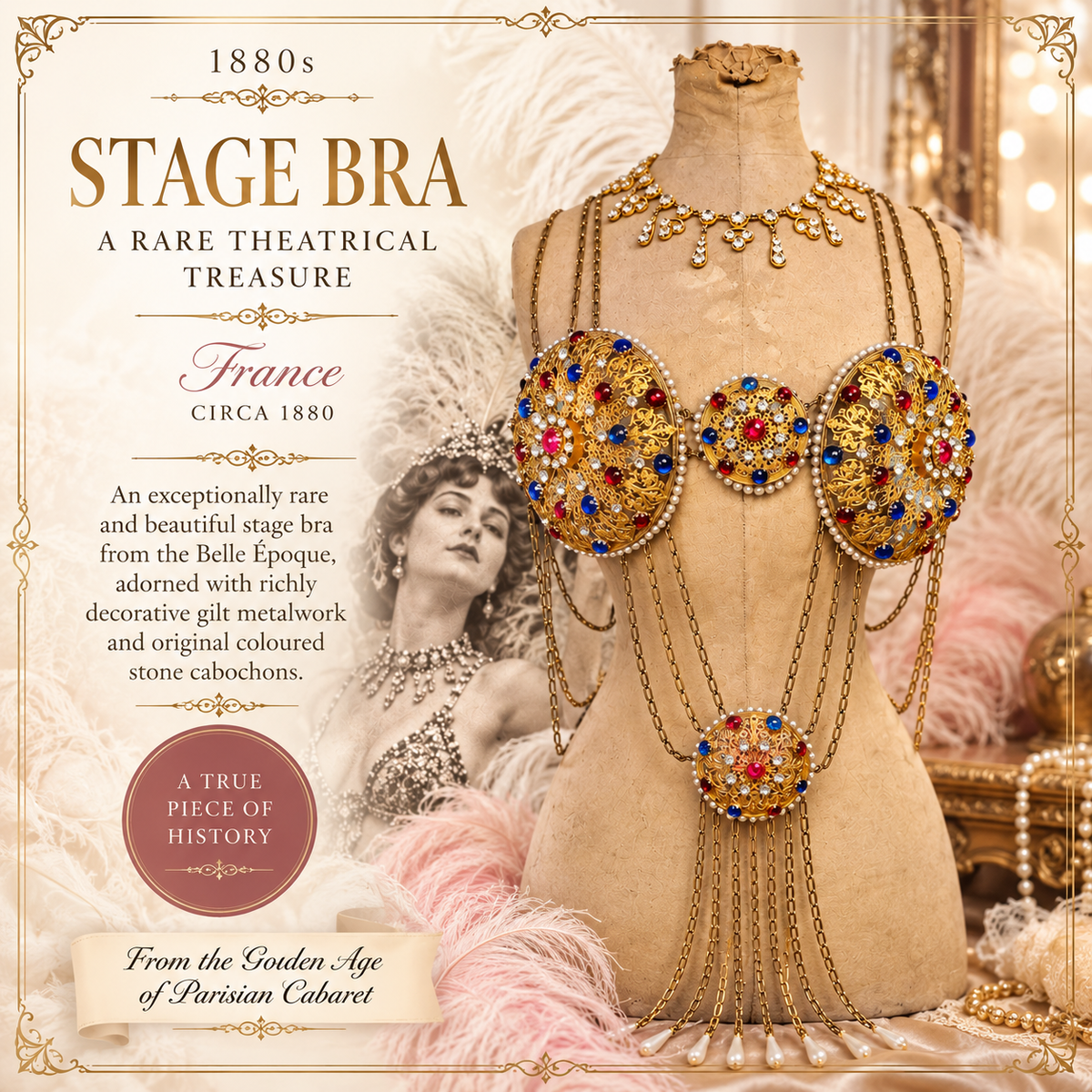 Exceptional 1880s French Theatrical Stage Bra – Complete Belle Époque Jeweled Costume