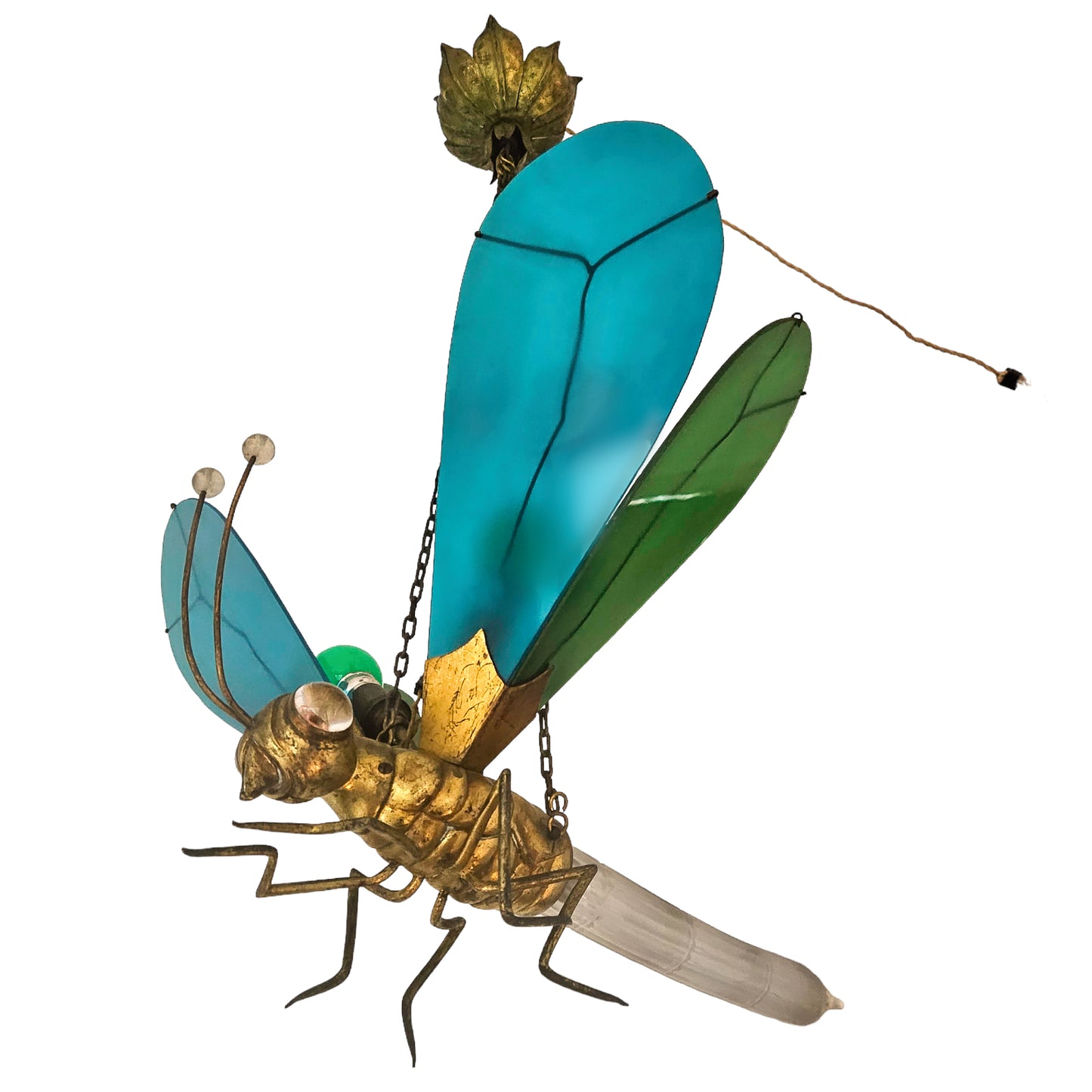 Very Rare 1920s Glass Brass Dragonfly Chandelier Lamp
