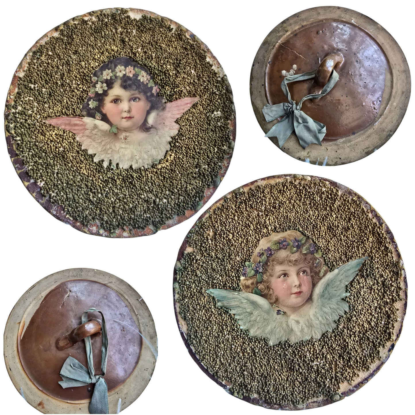 Pair of Unique French Folk Art Angel Plaques – Circa 1890