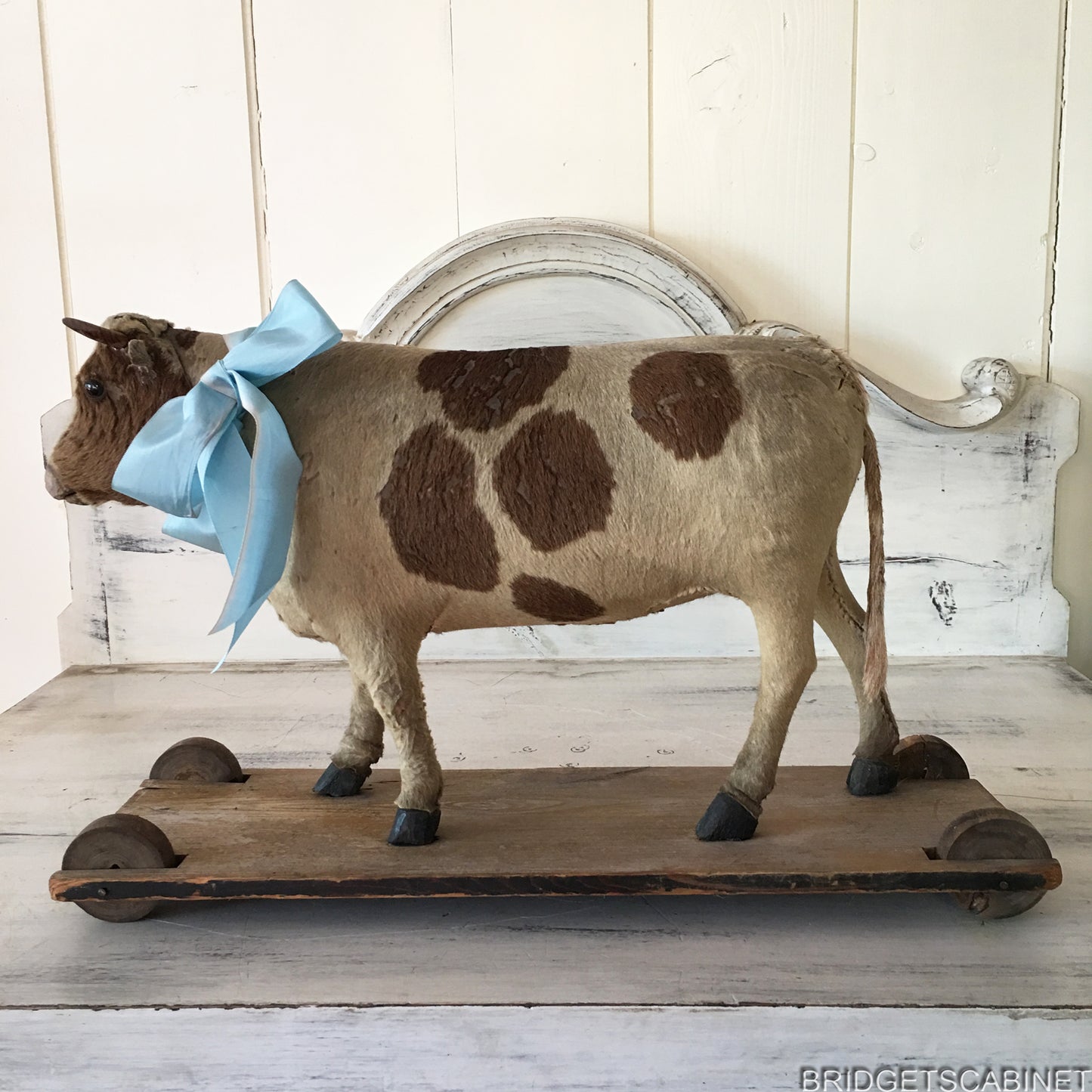 Antique German Pull Toy Cow real Fur Doll