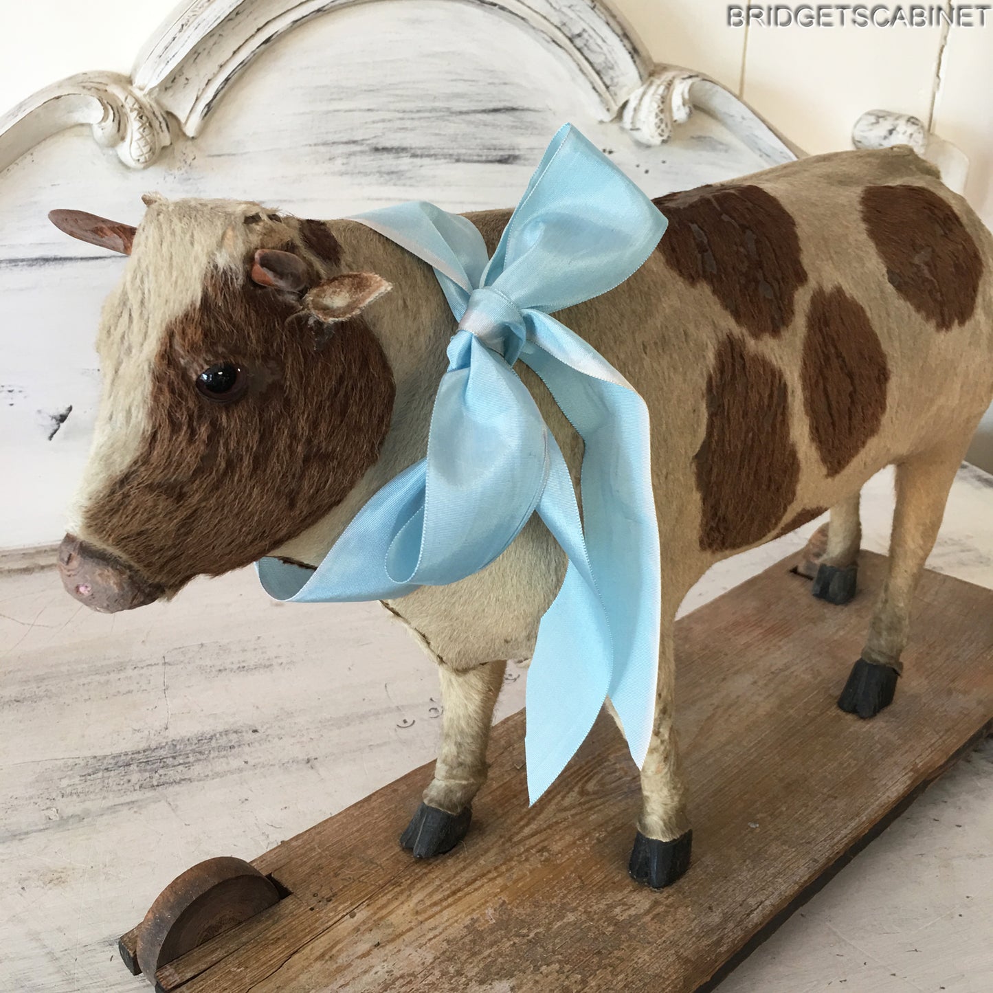 Antique German Pull Toy Cow real Fur Doll