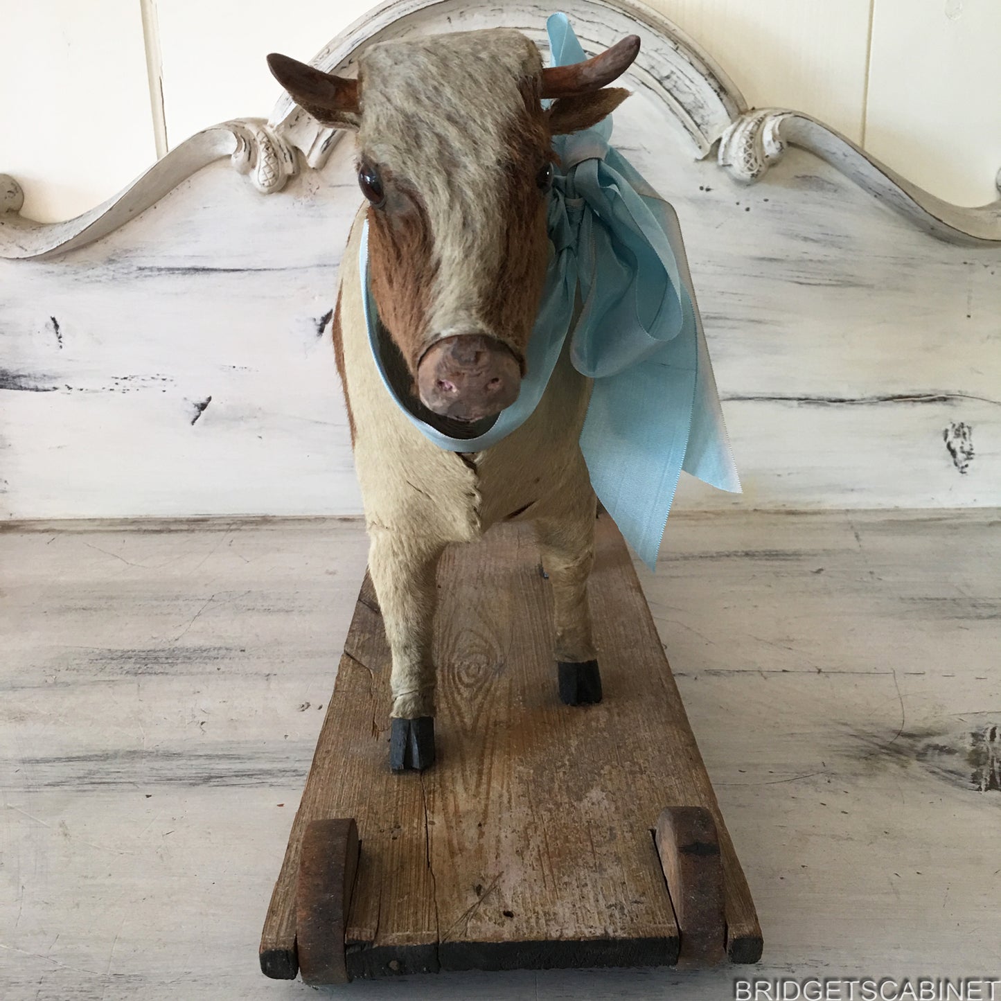 Antique German Pull Toy Cow real Fur Doll