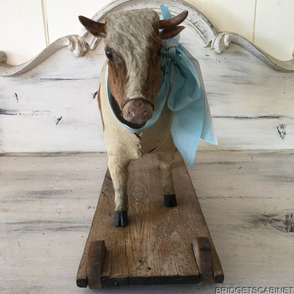 Antique German Pull Toy Cow real Fur Doll
