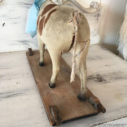Antique German Pull Toy Cow real Fur Doll