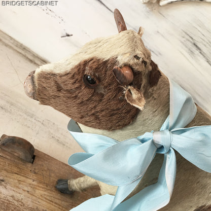 Antique German Pull Toy Cow real Fur Doll