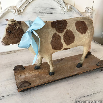 Antique German Pull Toy Cow real Fur Doll