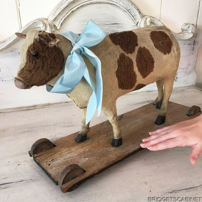 Antique German Pull Toy Cow real Fur Doll