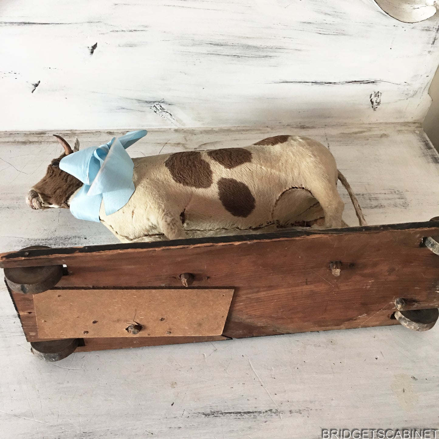 Antique German Pull Toy Cow real Fur Doll