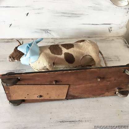 Antique German Pull Toy Cow real Fur Doll