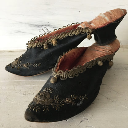 18th Century Black Silk MArie-Antoinette Shoes