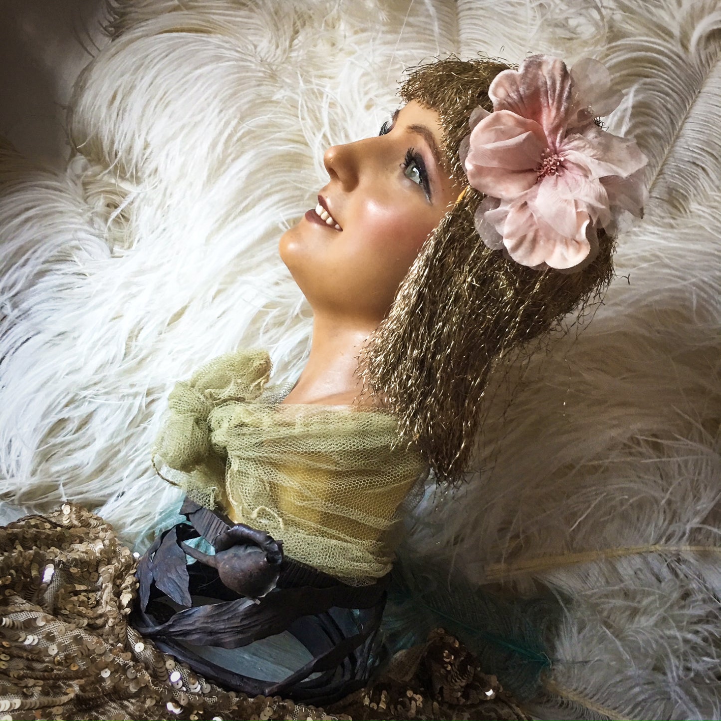 1920s Wax Wig Bust Metal Base