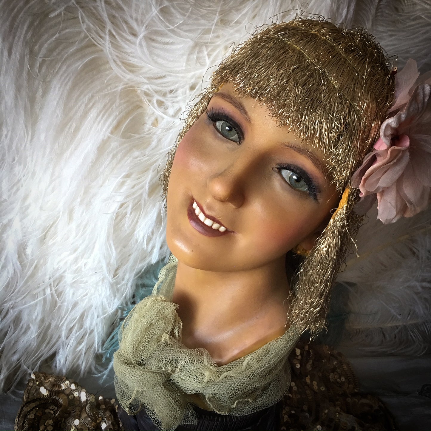 1920s Wax Wig Bust Metal Base