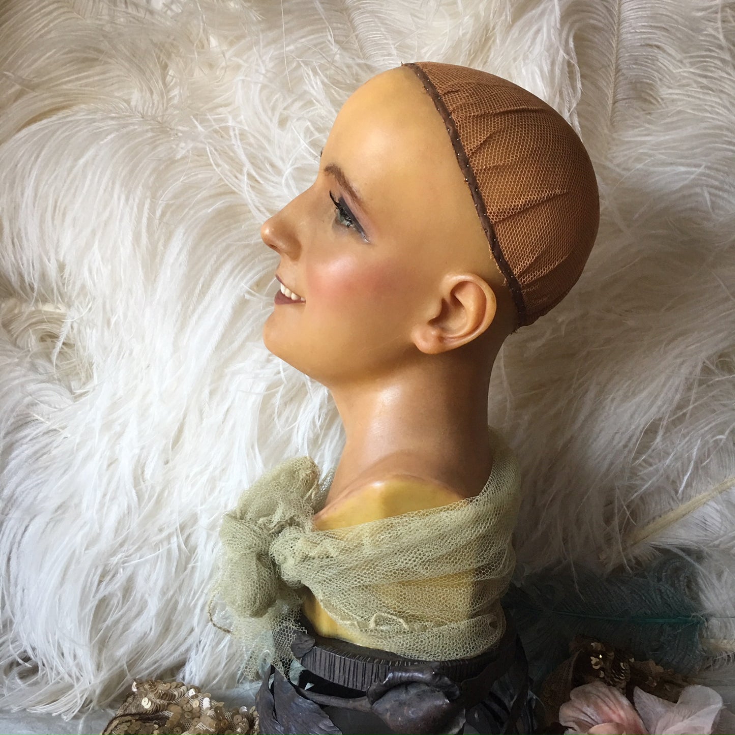 1920s Wax Wig Bust Metal Base