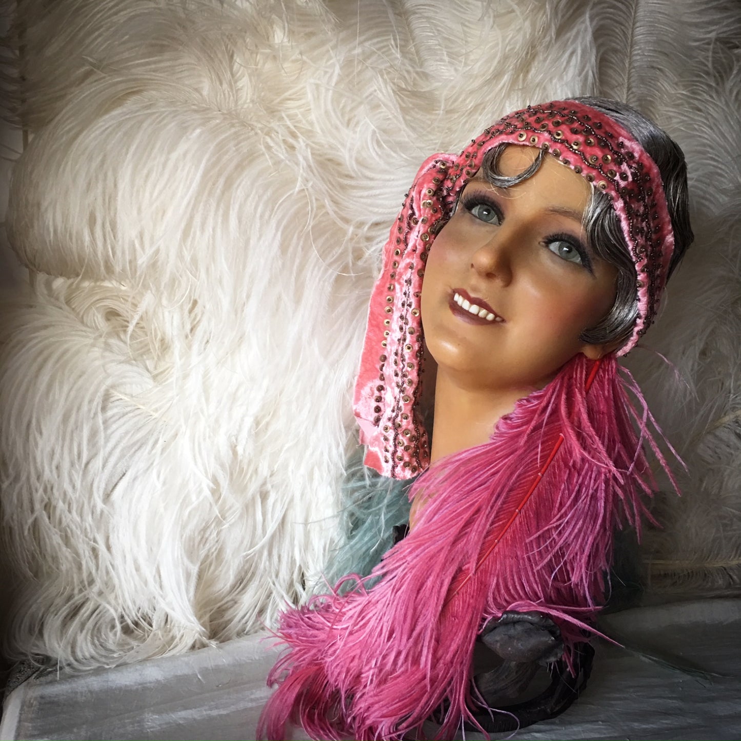 1920s Wax Wig Bust Metal Base