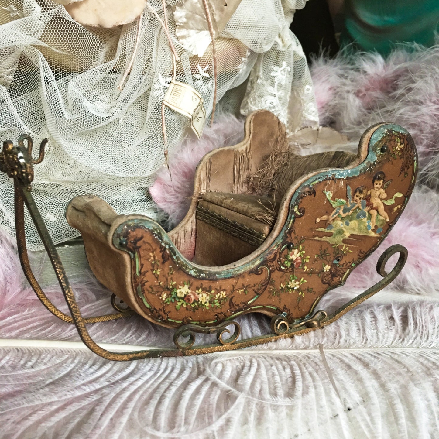 19th Century French Embossed Cherubs Doll Sleigh