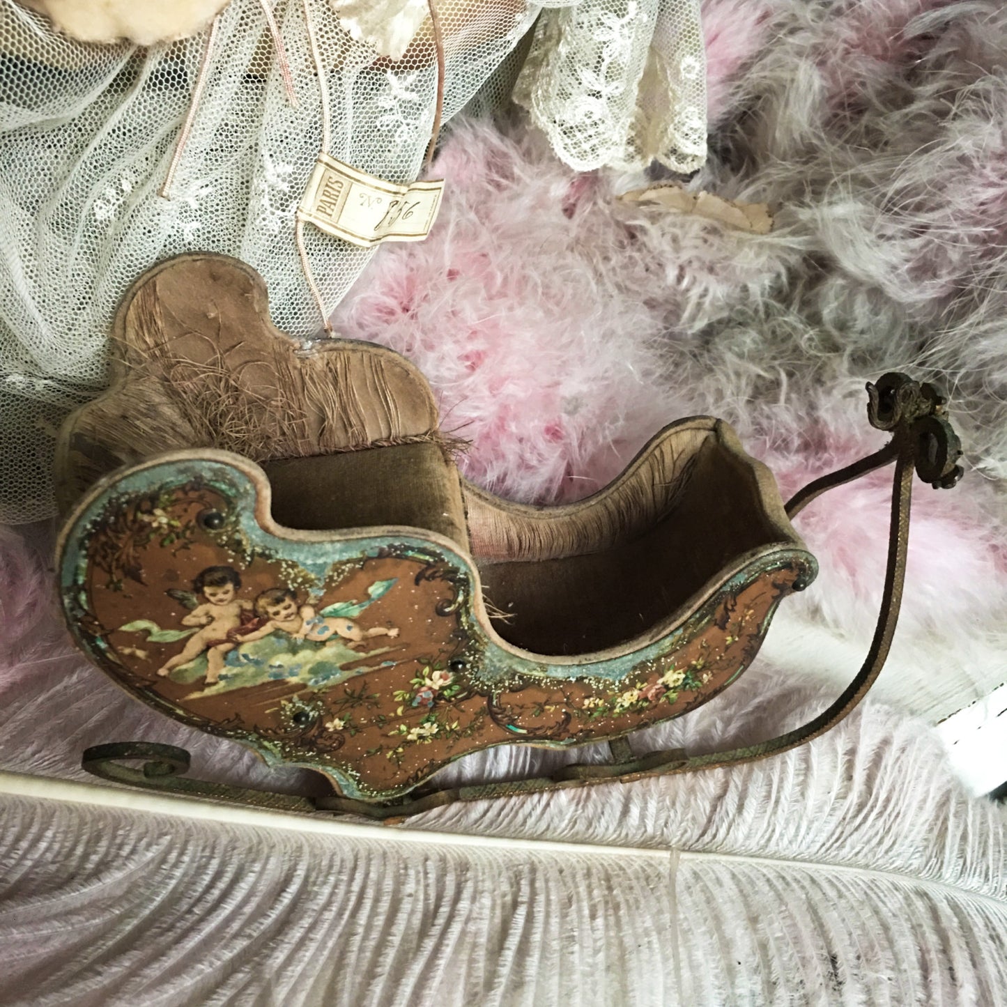 19th Century French Embossed Cherubs Doll Sleigh