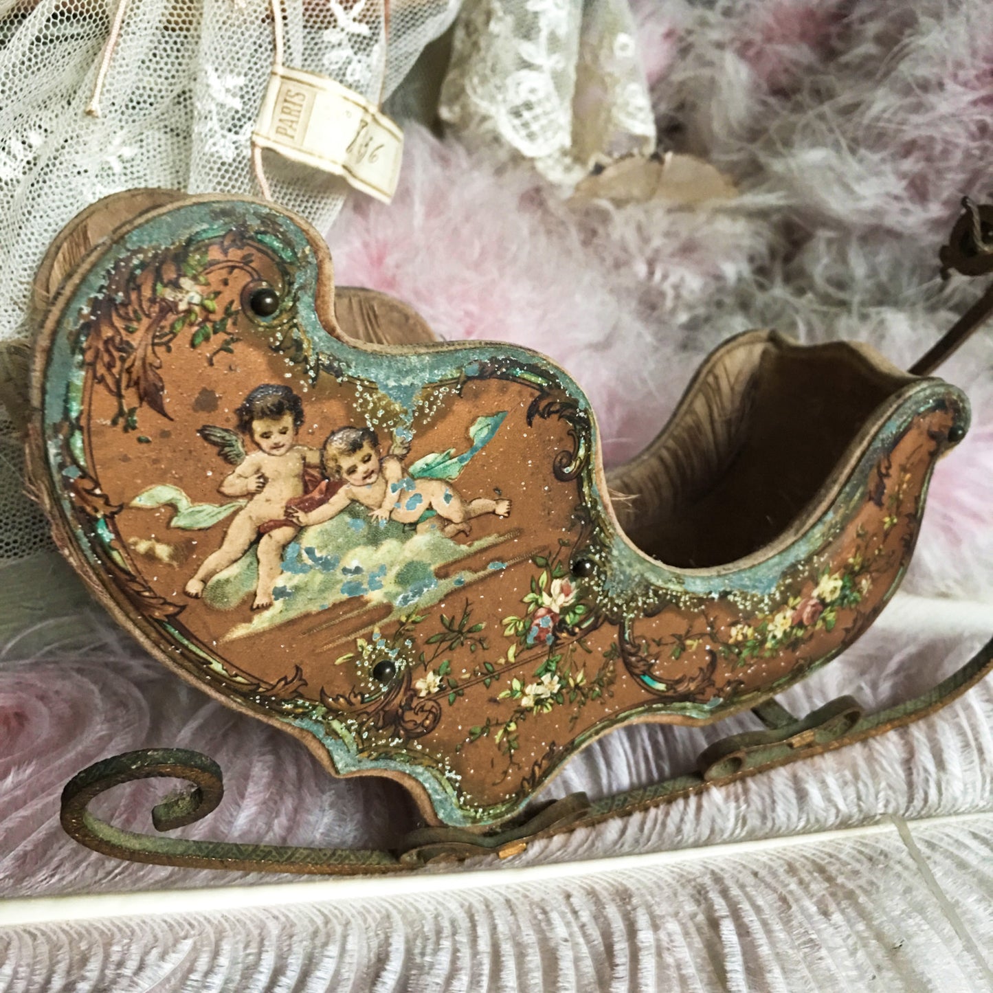 19th Century French Embossed Cherubs Doll Sleigh