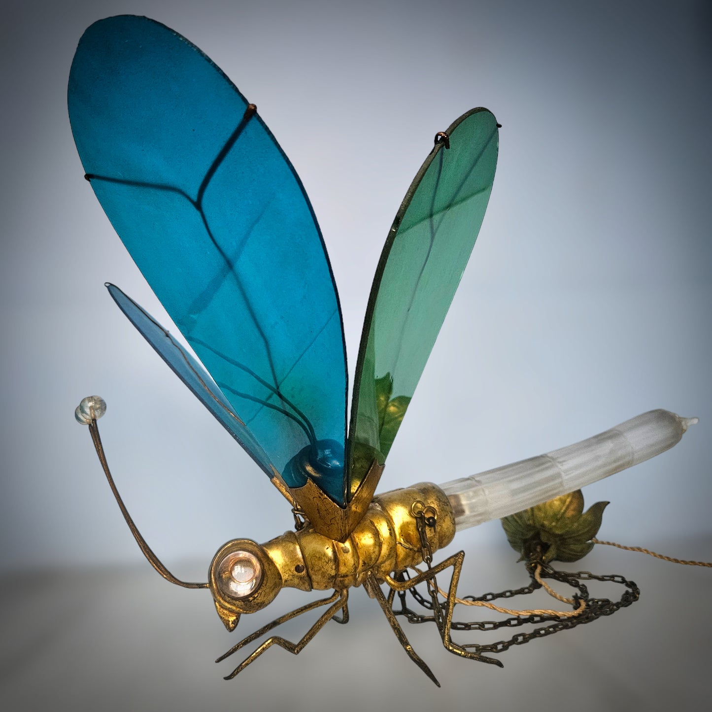 Very Rare 1920s Glass Brass Dragonfly Chandelier Lamp