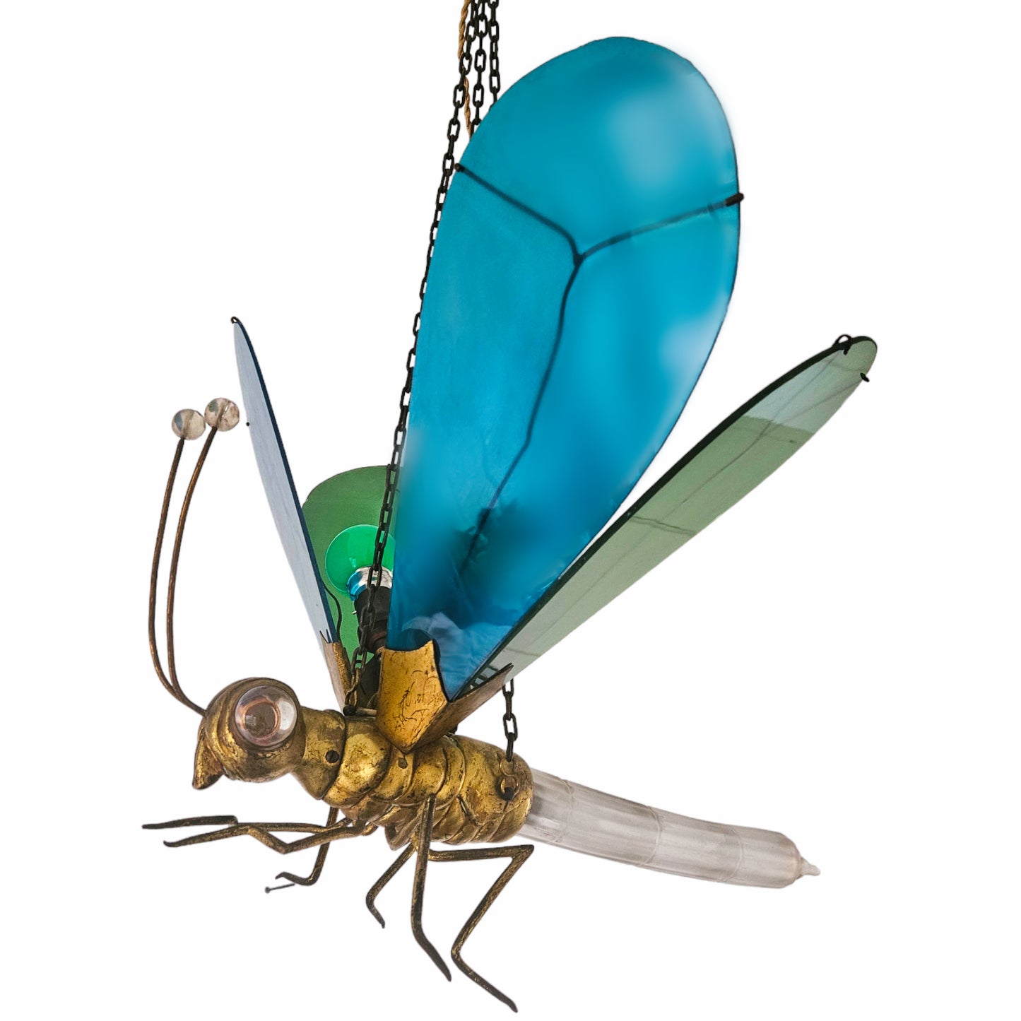 Very Rare 1920s Glass Brass Dragonfly Chandelier Lamp
