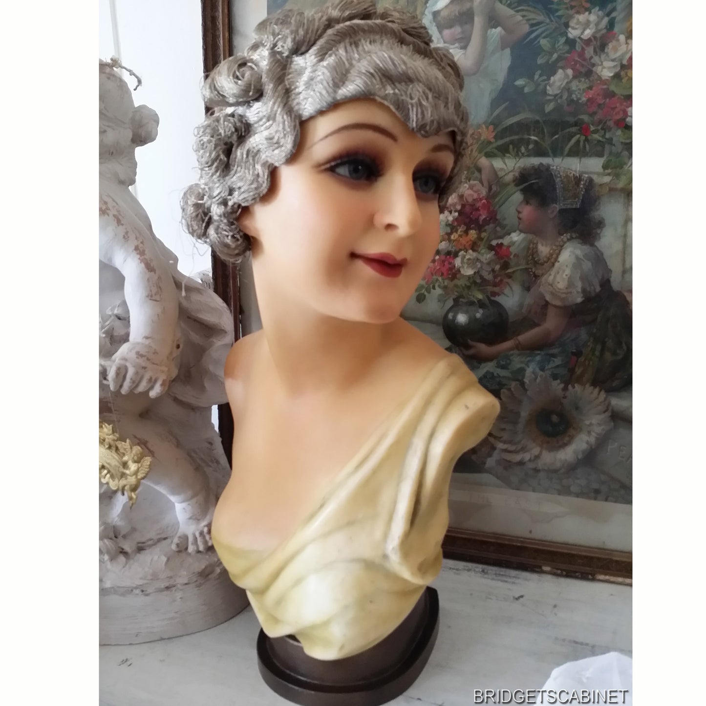1900s French Wax Bust on Wooden Stand
