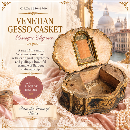 Rare 17th Century Venetian Baroque Casket – Gilt Wood, Silver Brocade & Early Printed Paper, c.1680–1700