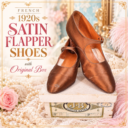 French Pair of 1920s Satin Flapper Shoes with Original Box