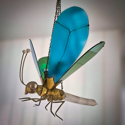 Very Rare 1920s Glass Brass Dragonfly Chandelier Lamp