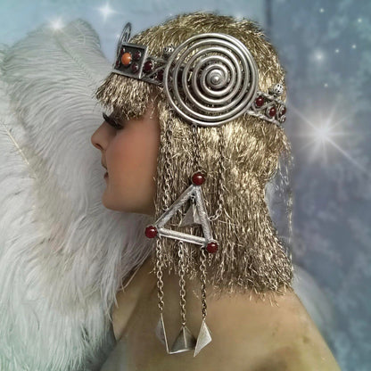 Antique Egyptian Revival Headdress – 1900s Silver Spiral & Gemstone Design