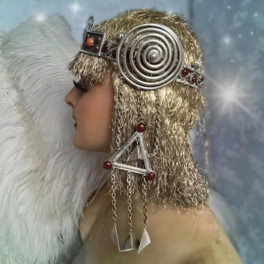 Antique Egyptian Revival Headdress – 1900s Silver Spiral & Gemstone Design