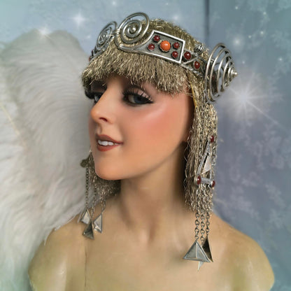 Antique Egyptian Revival Headdress – 1900s Silver Spiral & Gemstone Design