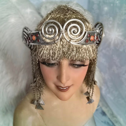 Antique Egyptian Revival Headdress – 1900s Silver Spiral & Gemstone Design