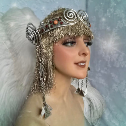 Antique Egyptian Revival Headdress – 1900s Silver Spiral & Gemstone Design