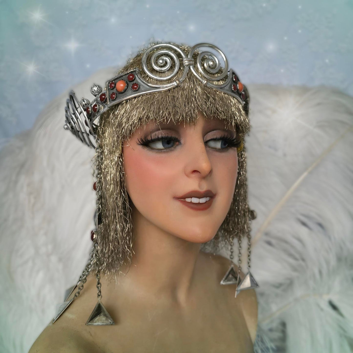 Antique Egyptian Revival Headdress – 1900s Silver Spiral & Gemstone Design