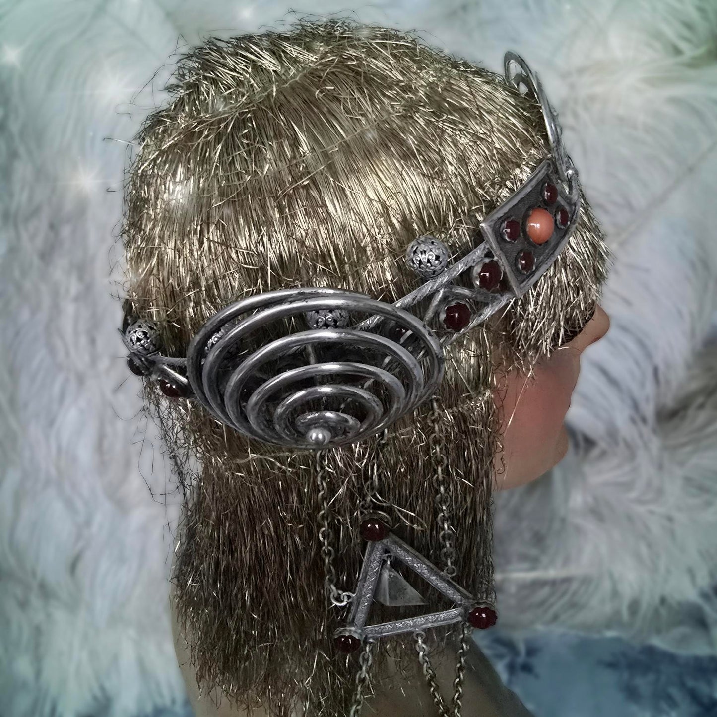Antique Egyptian Revival Headdress – 1900s Silver Spiral & Gemstone Design